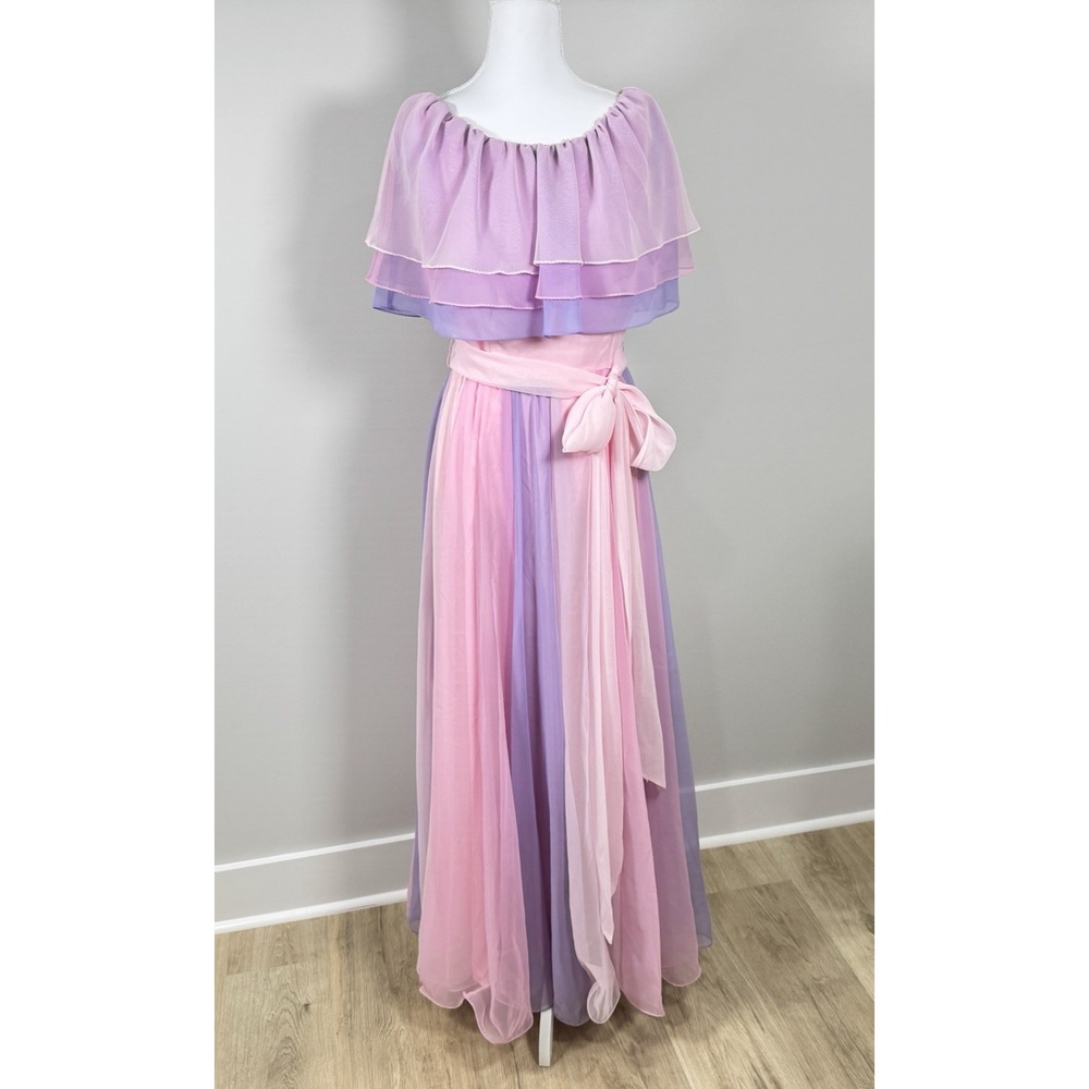 Vintage 70s Miss Elliette Chiffon Maxi Dress Modern S Pink Purple Capelet Belted
